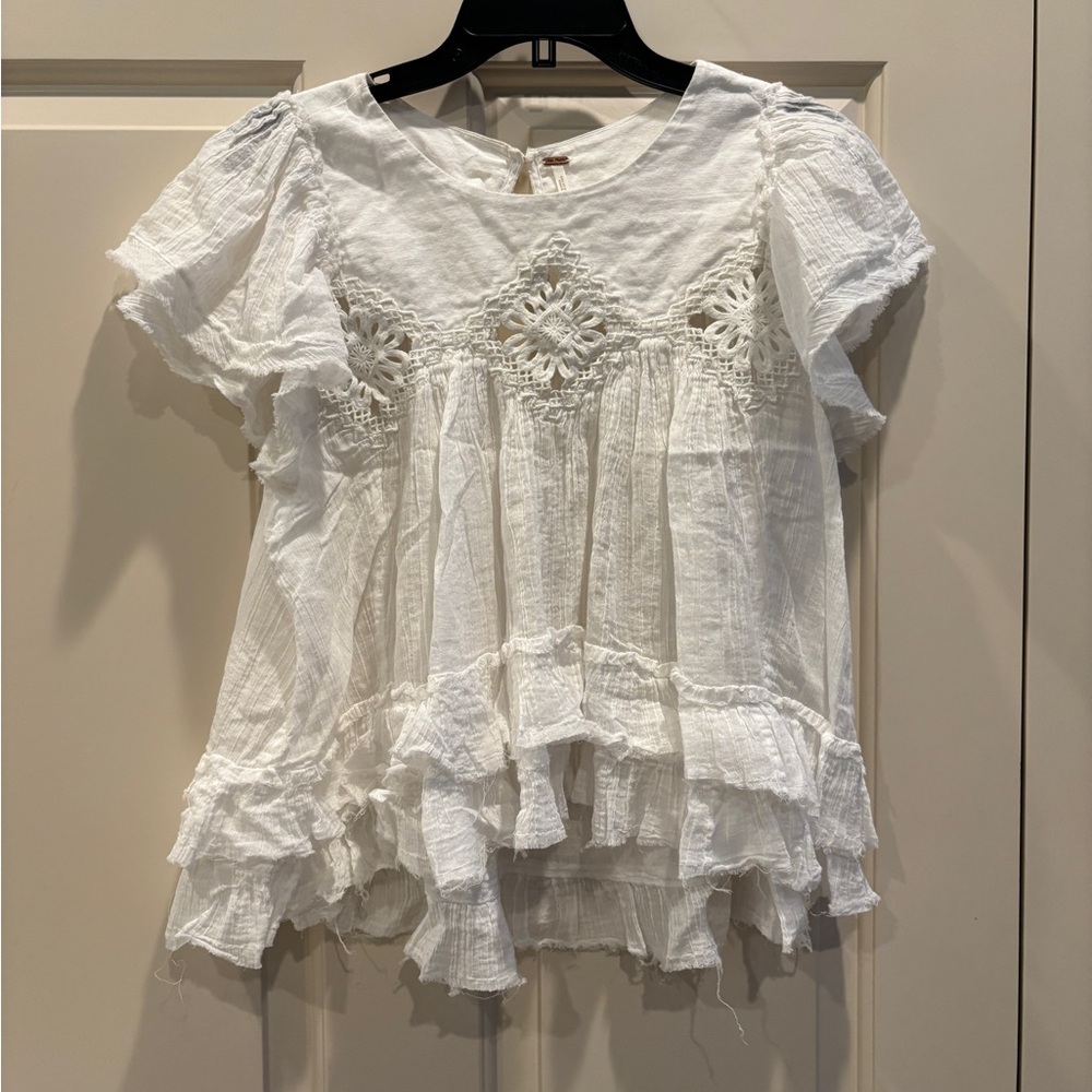 Free People White Lace Trim Top